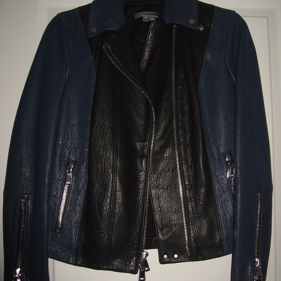 Vince Asymmetric Colorblock Blue Leather Jacket XS - Picture 3 of 8
